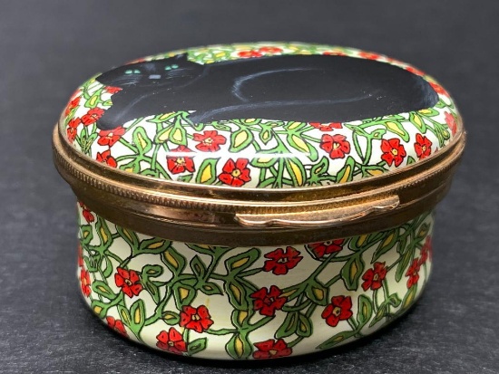 Crummles & Co Handpainted Enamel Porcelain Trinket Box w/Cat Design. Made in England