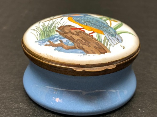 Crummles & Co Handpainted Enamel Porcelain Trinket Box w/Bird Design. Made in England