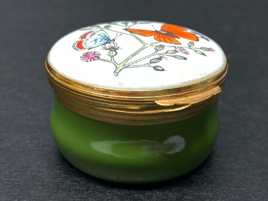 Crummles & Co Handpainted Enamel Porcelain Trinket Box w/Butterfly Design. Made in England