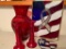 Stained Glass Lot Incl 3 Patriotic Pieces, 1 Red Glass Vase & 2 Red Glass Candlestick Holders