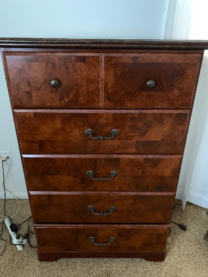 5 Drawer Dresser w/Faux Marble Top. This is 47" T x 29" W x 16" D - As Pictured