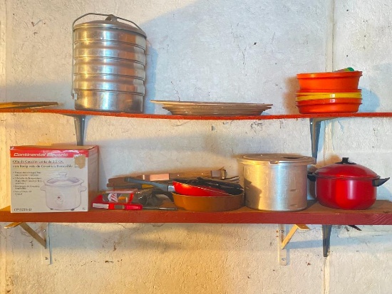 Shelf Lot of Pots/Pans, Metal Lunchbox, Water Cooler & More - As Pictured