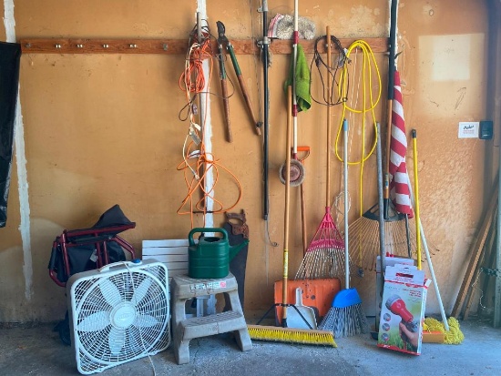 Wall Lot Incl. Rakes, Brooms, American Flag, Extension Cords & More - As Pictured