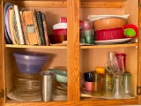 Cabinet Lot Incl. Glasses, Pie Plates, Bowls, Recipe Books & More - As Pictured