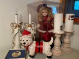 Christmas Shelf Lot Incl. 2 Battery Powered Angels, 2 Wood Candle Holders,, Resin Scotty Dog & More