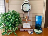 Misc Lot of a Clock, Faux Planter, Cross & More - As Pictured