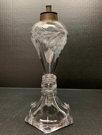 Etched Glass Oil Lamp. This is 11" Tall - As Pictured