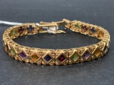 14K Gold Citrine, Amethyst Garnet Peridot Bracelet w/Safety Lock Weight-17.8 grams - As Pictured