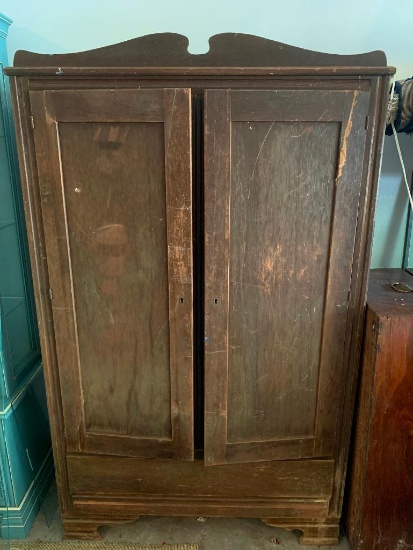 Antique Wood Wardrobe. This is 64" T x 38" W x 17" D and in Rough Shape - As Pictured