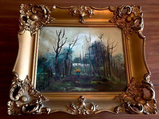 19" x 16" Antique Wood Gold Framed w/Oil Paper. The Art is Signed - As Pictured