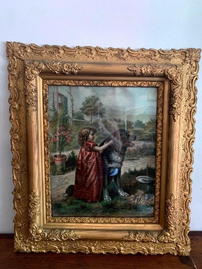 30" x 27" Ornate Vintage Gold Frame w/Girl & Dog Print. - As Pictured