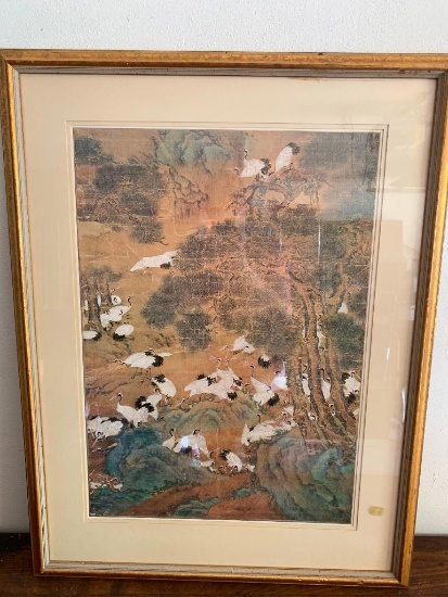 24" x 32" Framed Oriental Style Print "Flight of the Cranes & Mountain Landscape" - As Pictured