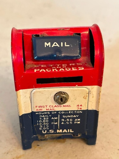 Vintage U.S. Mailbox Coin Bank. This is 3" Tall & Incl. Key - As Pictured