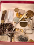 Misc Lot Incl. Rosary Beads, Pocket Knives, Costume Jewelry & More - As Pictured