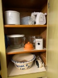Kitchen Cabinet Lot Incl. Mini Crockpot, Glass Mixing Bowls, Hand Painted Pottery Popcorn Bowl &More