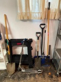 Group of Yard Tools, Saw Horses, Shovel, Razor and All Shown