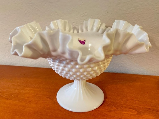 Fenton Ruffled Top Hob Nail Raised Candy Dish. This is 6.5" T x 10" in Diameter - As Pictured