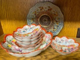 8 Piece Lot of Hand Painted Porcelain Bowls & Glass Plate - As Pictured