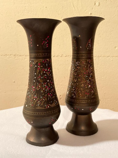Pair of Etched Metal Vases. They are 9" Tall & Base on One is Bent - As Pictured