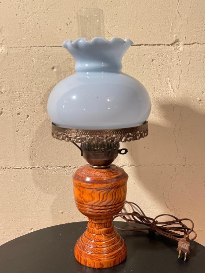 20" Vintage Glass Hurricane w/Wood Base Lamp - As Pictured