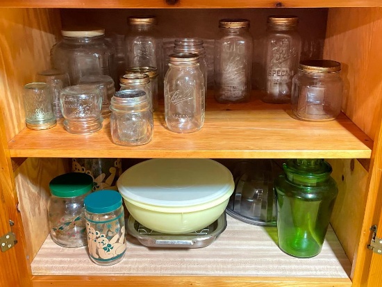 Basement Cabinet 2 Shelf Lot Incl. Tupperware & Glass Canning Jars - As Pictured