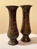 Pair of Etched Metal Vases. They are 9