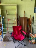 Misc Garage Lot Incl. Chair, Brooms, Shovels, Charcoal & More - As Pictured