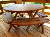 Redwood, Outdoor Wood Patio Table on Wheels w/4 Bench Seats. The Table is 30
