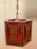 Vintage Wood & Glass Hanging Lamp - As Pictured