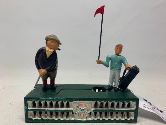 Cast Iron Golf Themed Coin Bank. This is 7" T x 7" W - As Pictured