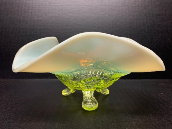 Fenton Style Ruffled Top Footed Glass Candy Dish. This is 3.5" T x 6" in Diameter - As Pictured