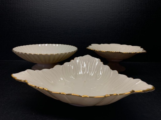 Set of 3 Lenox Gold Rimmed Porcelain Candy Dishes. The Largest is 2" T x 7" in Diameter- As Pictured