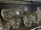 Shelf Lot of Clear Glass Incl Punch Bowls, Glasses & Platter - As Pictured