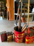 Misc Lot Incl Yard Tools, 3 Gas Cans & Metal Potato Chips Metal Can - As Pictured