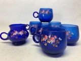 7 Piece Hand Painted Cobalt Blue Glass Set IncGlasses w/Cream & Sugar Bowl. - As Pictured