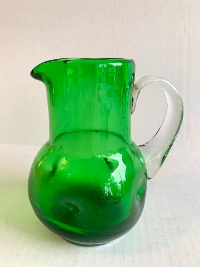 5" Green Glass Pitcher w/Applied Handle. Very Cute - As Pictured
