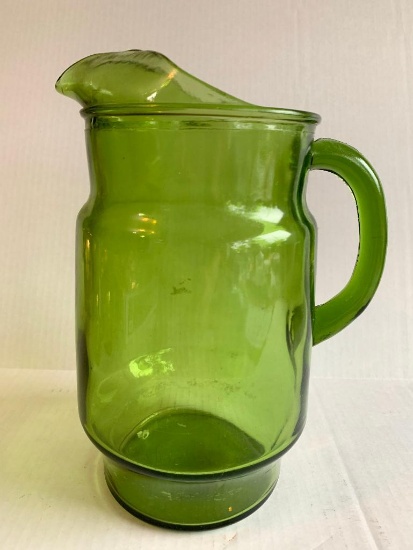 10" Green Glass Pitcher w/Applied Handle. - As Pictured