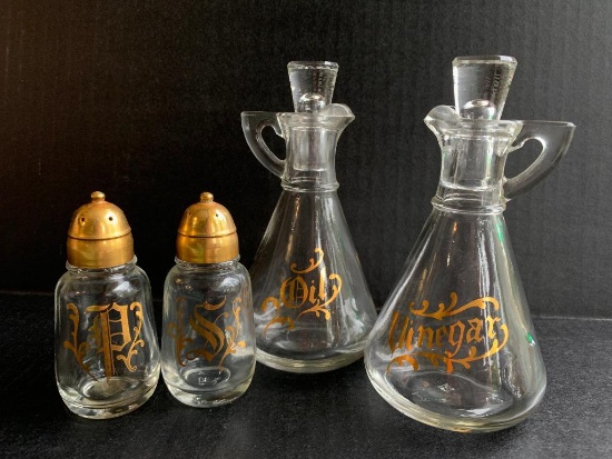 Vintage Hazel Atlas Glass Serving Set Incl. Oil, Vinegar, Salt & Pepper Shakers