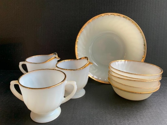 9 Piece Fire King Lot of Gold Rimmed Bowls, Cream & Sugar - As Pictured