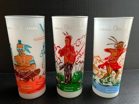 Vintage Set of 3 Famous Ohio Indian Drinking Glasses. They are 7" Tall - As Pictured