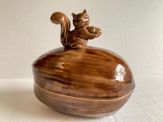 Ceramic Squirrel Covered Candy Dish. This is 7" x 8" - As Pictured