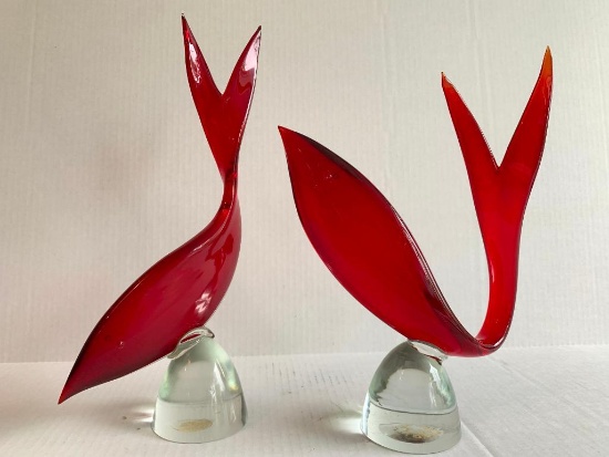 Pair of Red Glass Dolphin Sculptures Made in Italy. They are 12" Tall - As Pictured
