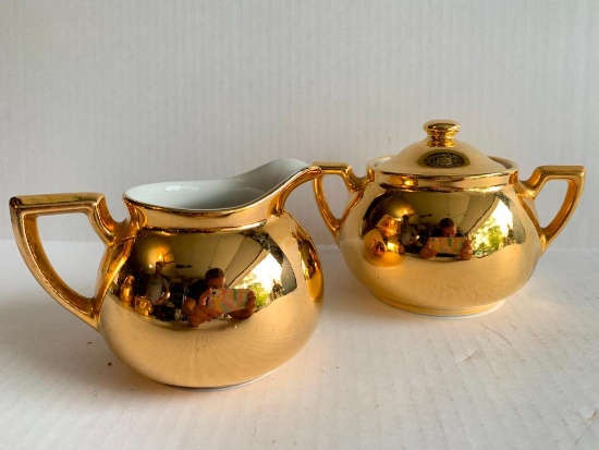 Pair of 4" Hall Pottery Golden Glo 22 Carat Gold Cream & Sugar #320 - As Pictured