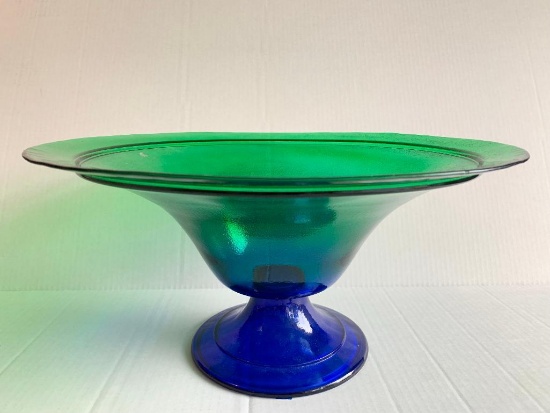 Blue Green Glass Pedestal Fruit Bowl. This is 8" T x 15" in Diameter - As Pictured