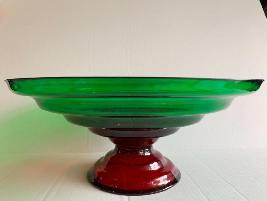 Green & Red Glass Pedestal Fruit Bowl. This is 7" T x 16" in Diameter - As Pictured