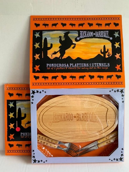 Pair of Ponderosa Platters & Utensils New in Box - As Pictured