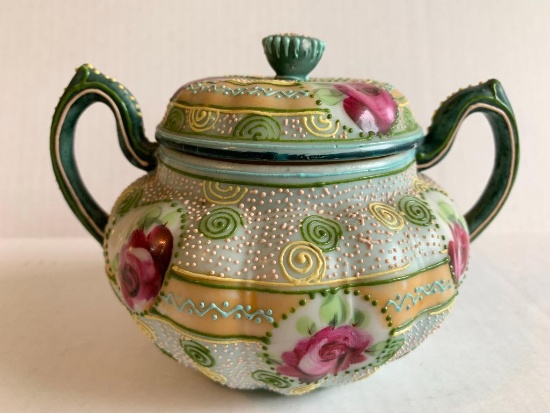 Very Pretty Rose Design Hand Painted Porcelain Sugar Bowl. This is 4" Tall - As Pictured