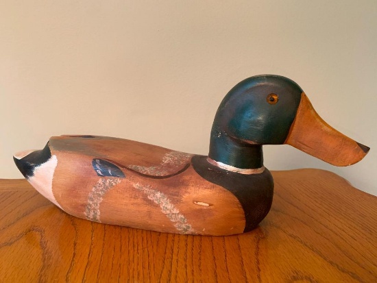 Hand Painted Wood Duck Decoy. This is 6" T x 14" W. No Signature- As Pictured