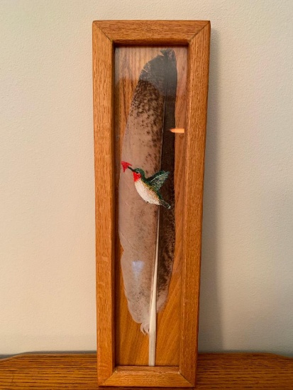4" x 14" Framed Hand Painted Hummingbird on a Feather. Very Nice - As Pictured