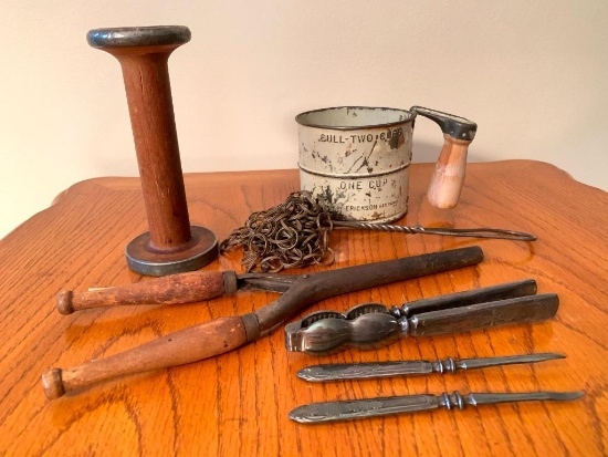 Misc Antique Lot Incl. Curling Iron, Spool, Flour Sifter & More - As Pictured